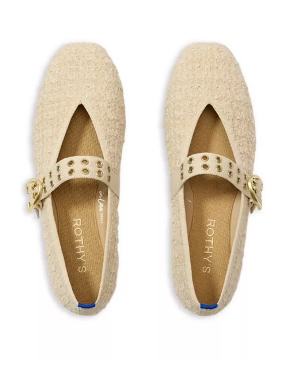 Rothy's Cream Bouclé Mary Jane Flats with Gold Buckle